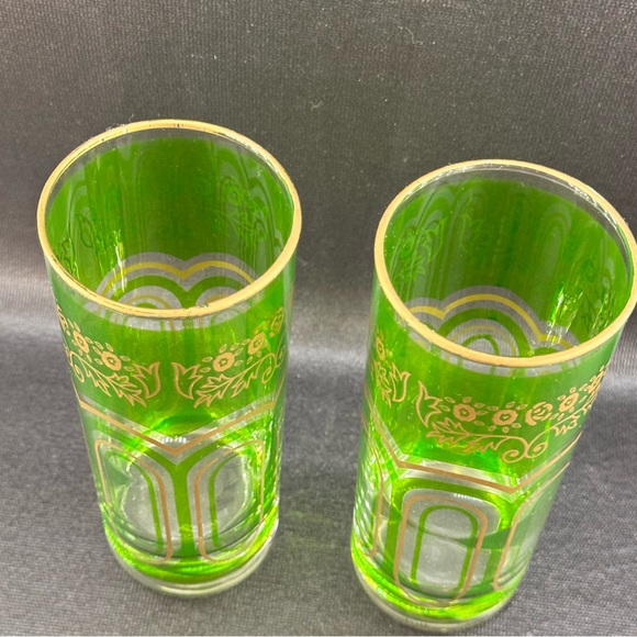 Vintage Moroccan Bohemian Lime Green Gold Paneled Tumbler Glass Set Of 2 - Picture 2 of 6